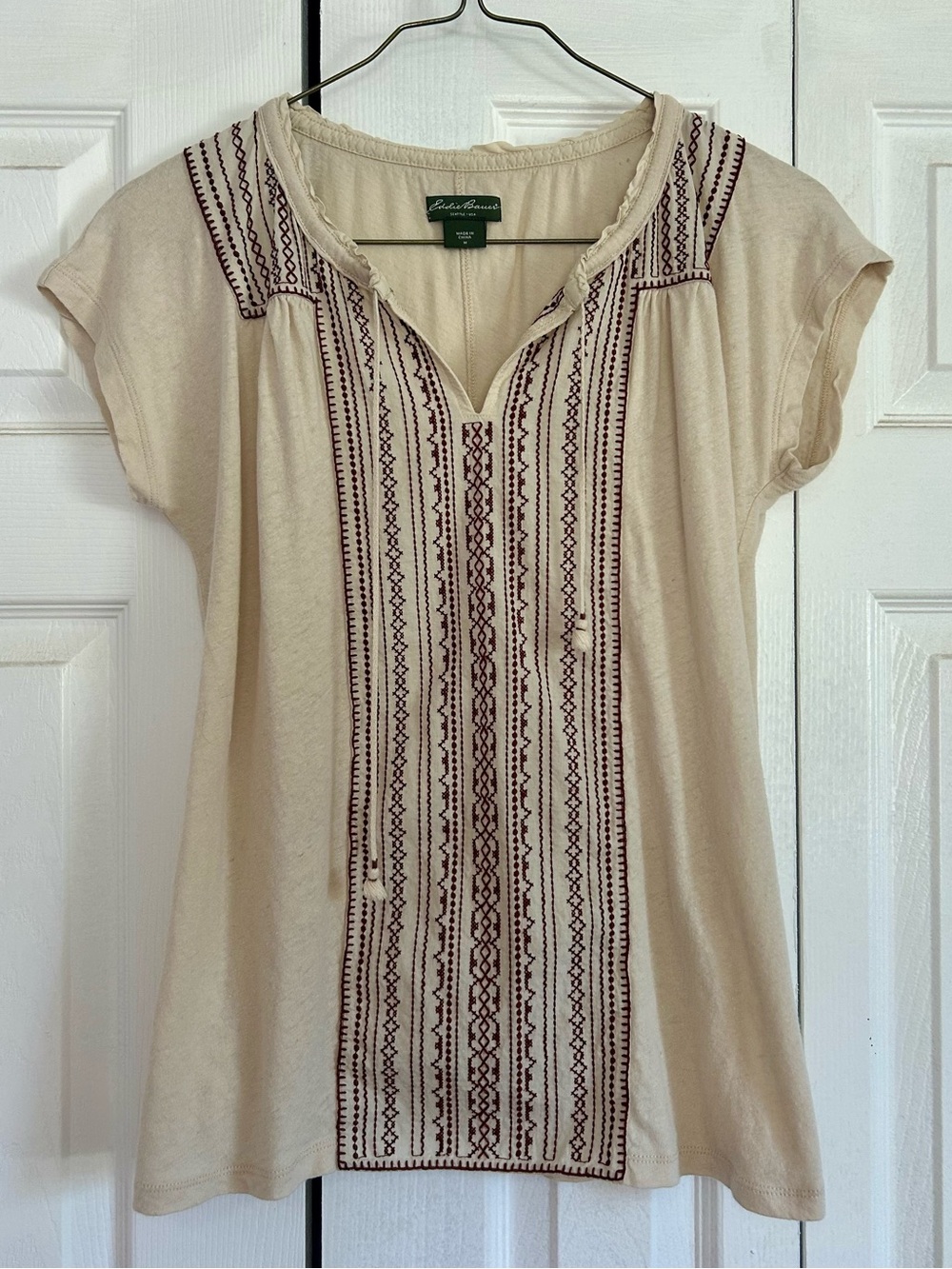 Eddie Bauer Cream Embroidered Peasant Top